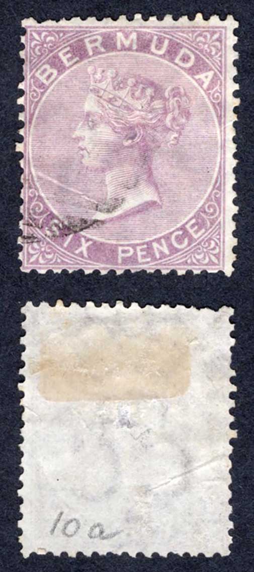 Bermuda SG6 6d Dull Purple Wmk CC Perf 14 (Creased) Cat 75 pounds