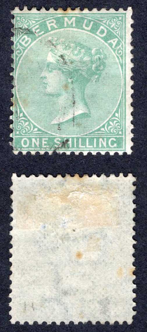 Bermuda SG8 1/- Green Wmk CC Perf 14 (tone spot) Cat 70 pounds