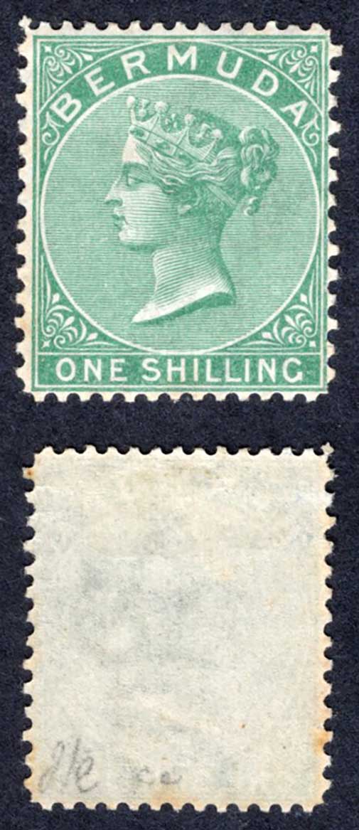 Bermuda SG11 1/- Green Wmk CC Perf 14 x 12.5 M/M (tone spots) Cat 17 pounds