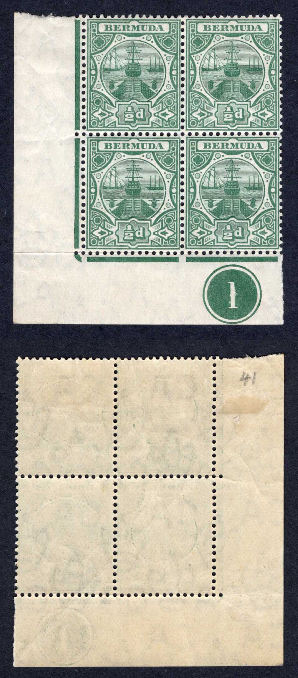 Bermuda SG36 1/2d Green Wmk Mult CA (2 x U/M) Vertical gum crease Cat 108 pounds