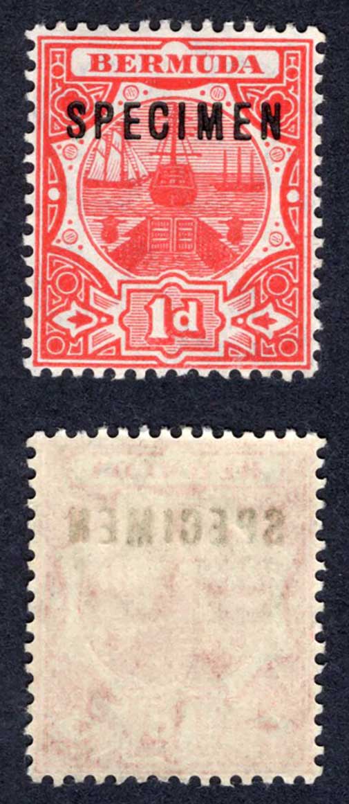 Bermuda SG38s 1d Red Wmk Mult CA Opt Specimen M/M