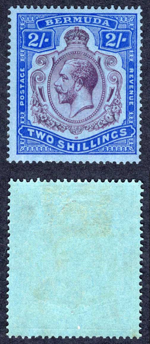 Bermuda SG88g 2/- purple and Blue/grey blue M/M Cat 50 pounds