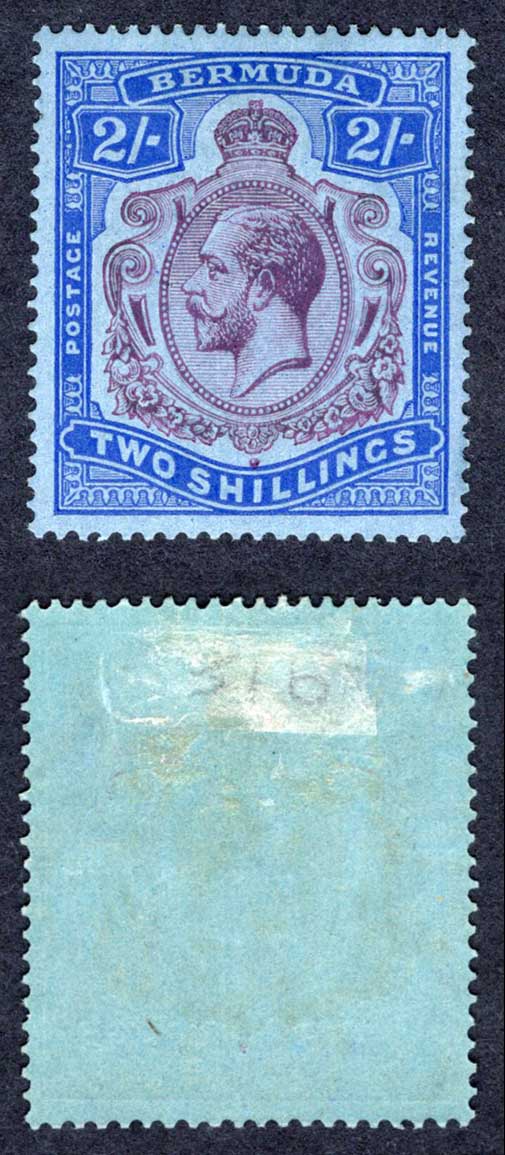 Bermuda SG88g 2/- purple and Blue/grey blue M/M Cat 50 pounds