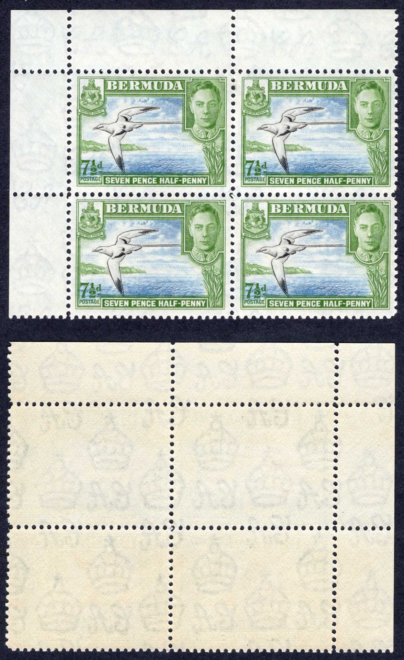 Bermuda SG114c 7 1/2d Black blue and Yellow Green Block of Four 2 x U/M Cat 28 pounds