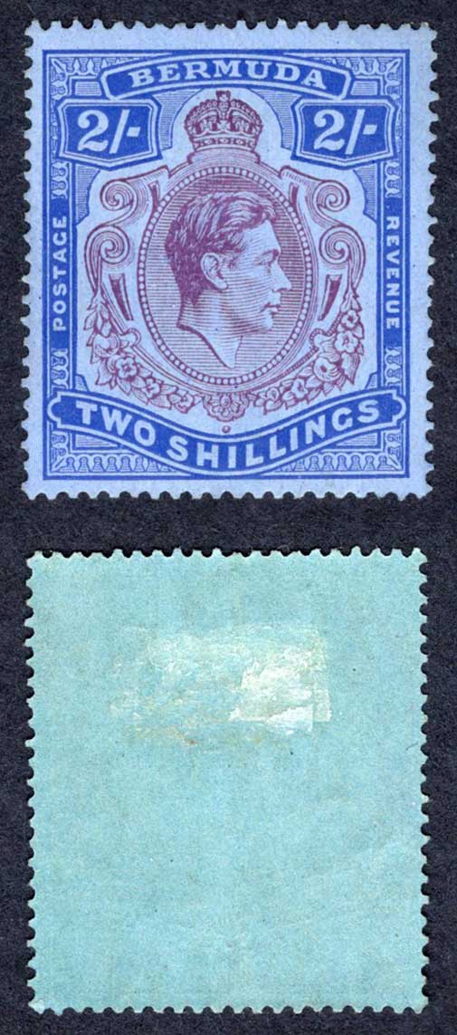 Bermuda SG116a 2/- Deep Reddish purple and Ultramarine/grey-blue M/M Cat 325 pounds