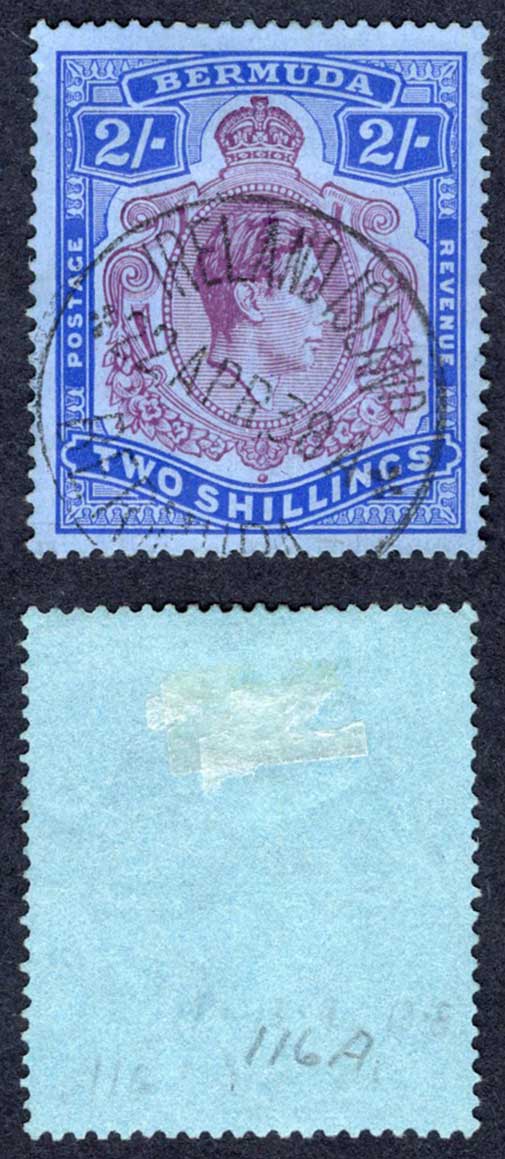 Bermuda SG116a 2/- Deep Reddish purple and Ultramarine/grey-blue CDS Cat 45 pounds