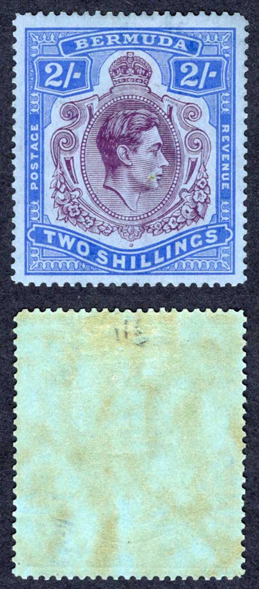 Bermuda SG116b 2/- Deep purple and Ultramarine/grey-blue LINE PERF Cat 350 pounds