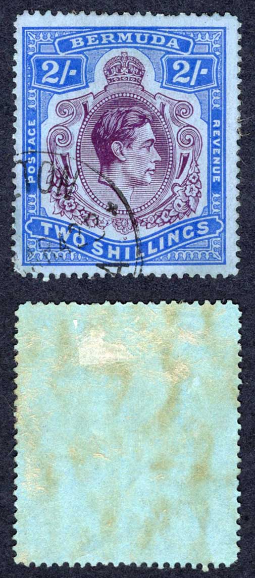 Bermuda SG116b 2/- Deep purple and Ultramarine/grey-blue LINE PERF Cat 95 pounds