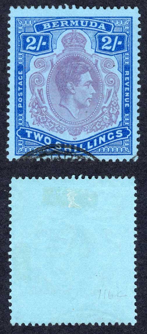 Bermuda SG116e 2/- Dull Purple and Blue/pale blue Perf 13 used Cat 15 pounds