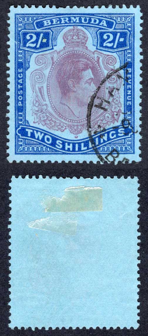 Bermuda SG116e 2/-Dull Purple and Blue/pale blue Perf 13 used Cat 15 pounds