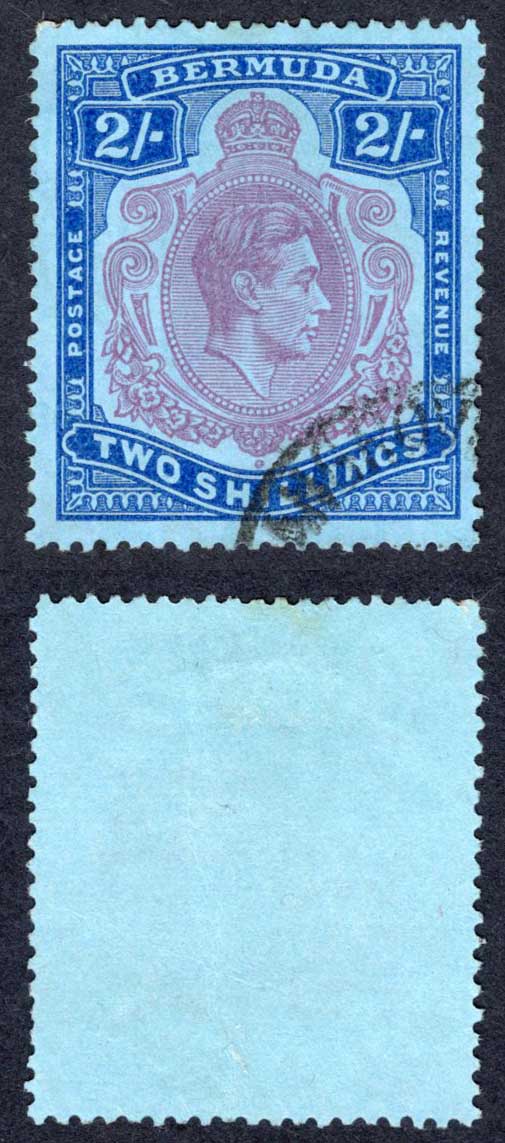 Bermuda SG116e 2/- Reddish Purple and Blue/pale blue Perf 13 used Cat 18 pounds