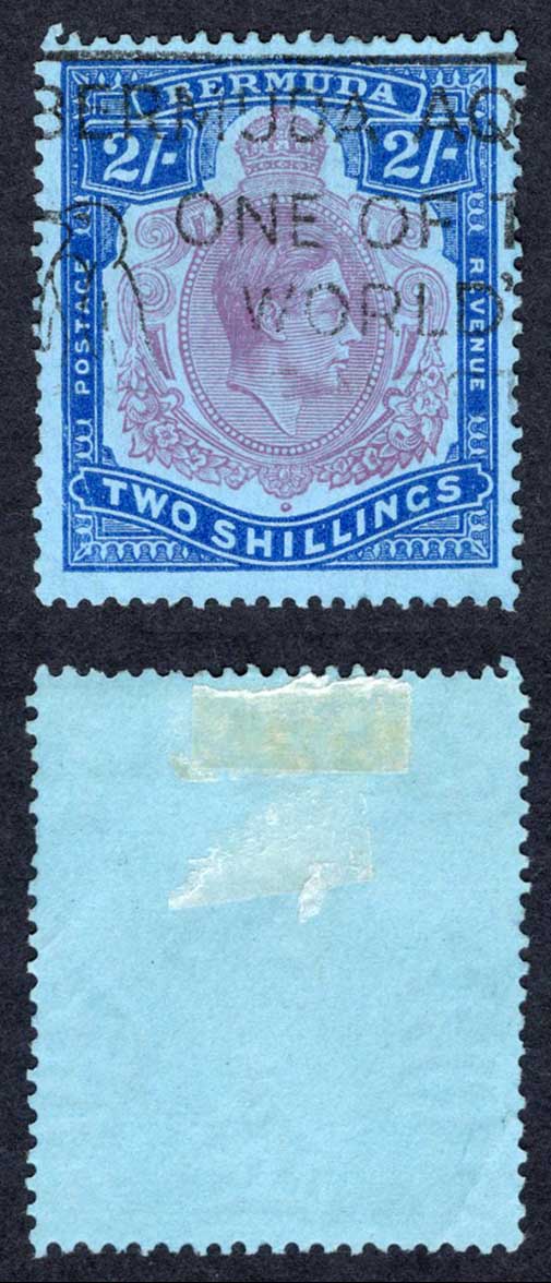 Bermuda SG116e 2/- Reddish Purple and Blue/pale blue Perf 13 used Cat 18 pounds