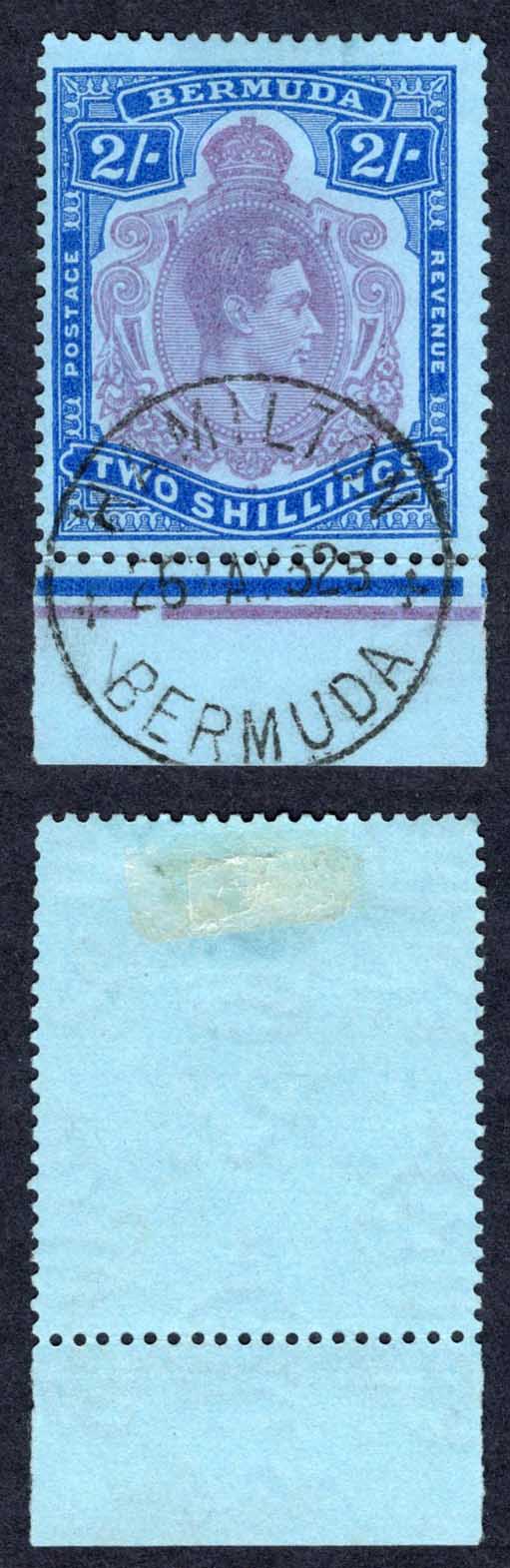 Bermuda SG116e 2/- Reddish Purple and Blue/pale blue Perf 13 used Cat 18 pounds
