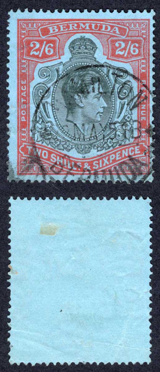 Bermuda SG117b 2/6 Black and Orange-Red/pale-blue CDS Cat 10 pounds