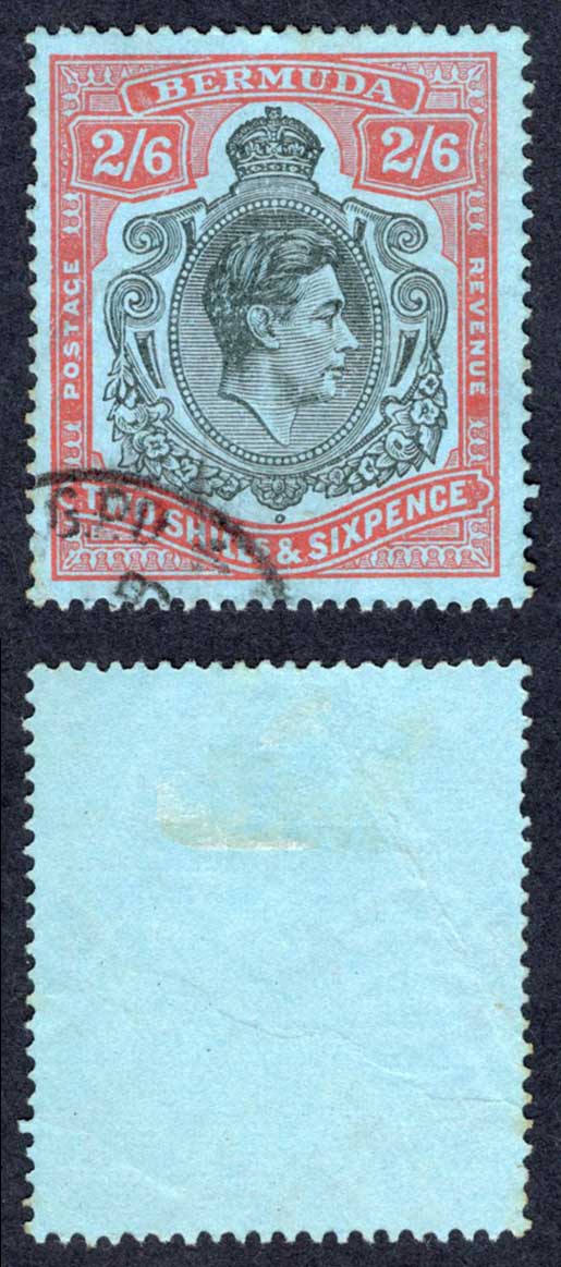 Bermuda SG117b 2/6 Black and Orange-Red/pale-blue CDS Cat 10 pounds