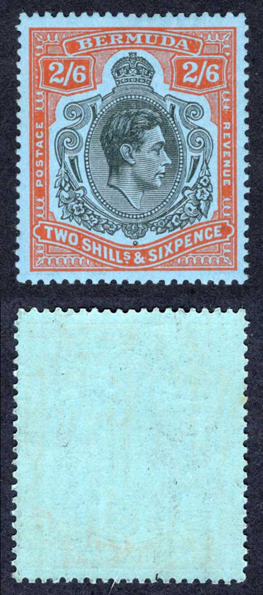 Bermuda SG117c 2/6 Black and Orange-red/pale-blue Perf 13 M/M Cat 15 pounds