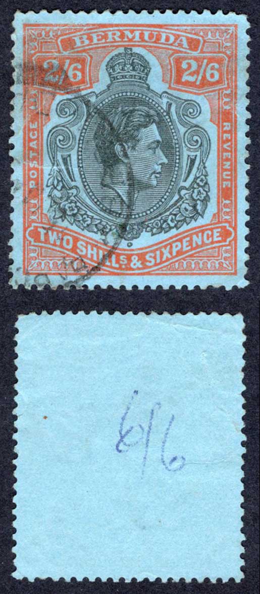 Bermuda SG117c 2/6 Black and Orange-red/pale-blue Perf 13 CDS Cat 10 pounds