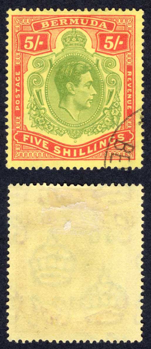 Bermuda SG118 5/- Green and Red/yellow CDS Cat 45 pounds