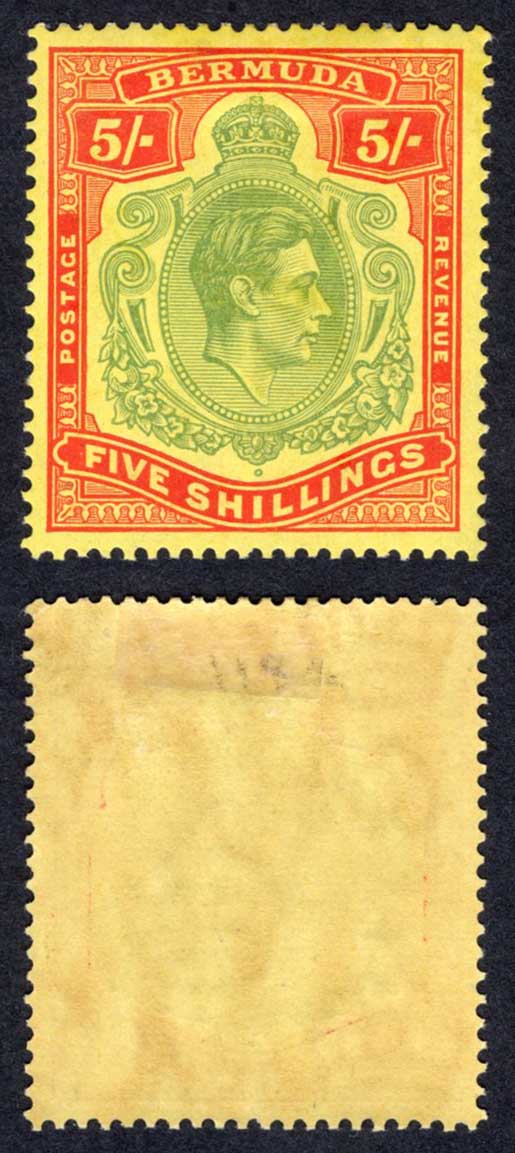 Bermuda SG118a 5/- Pale Green and Red/yellow M/M Cat 350 pounds