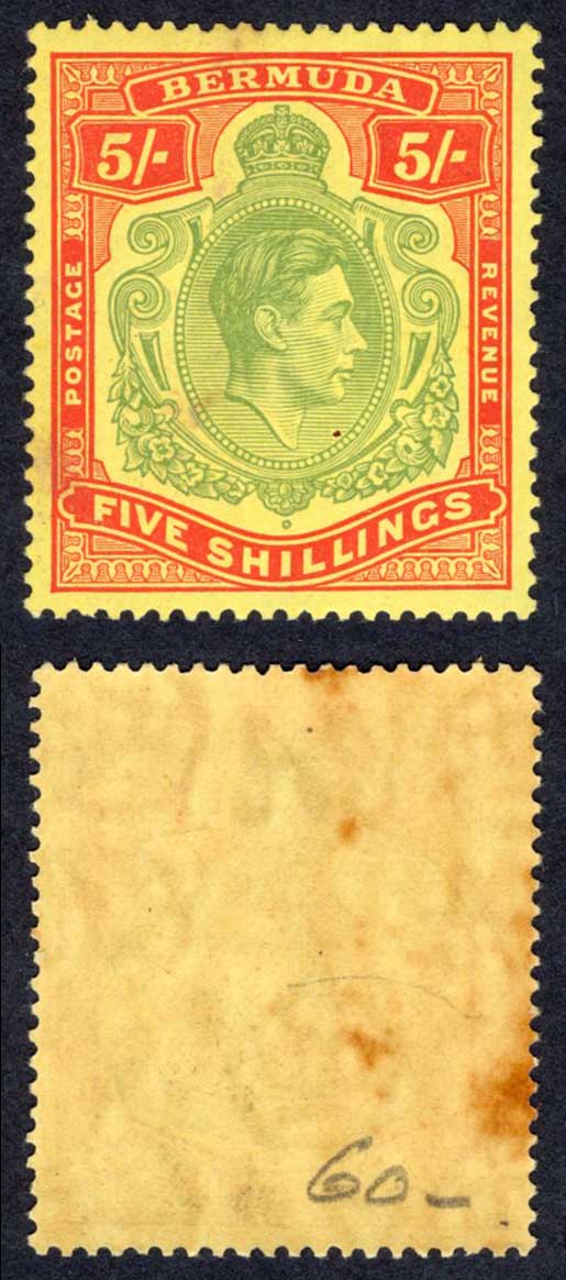 Bermuda SG118a 5/- Pale Green and Red/yellow M/M Cat 350 pounds