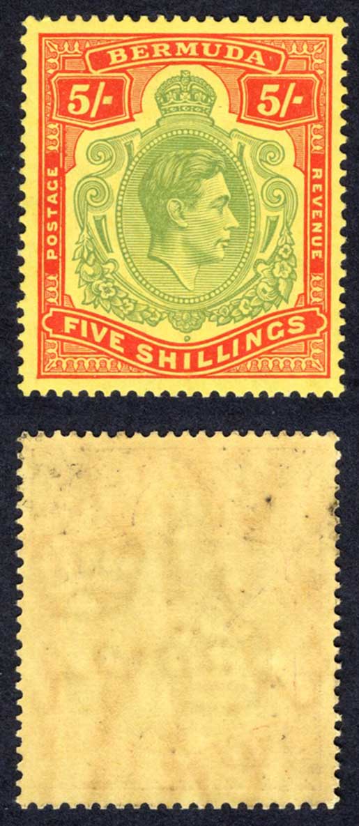 Bermuda SG118a 5/- Pale Green and Red/yellow M/M Cat 350 pounds