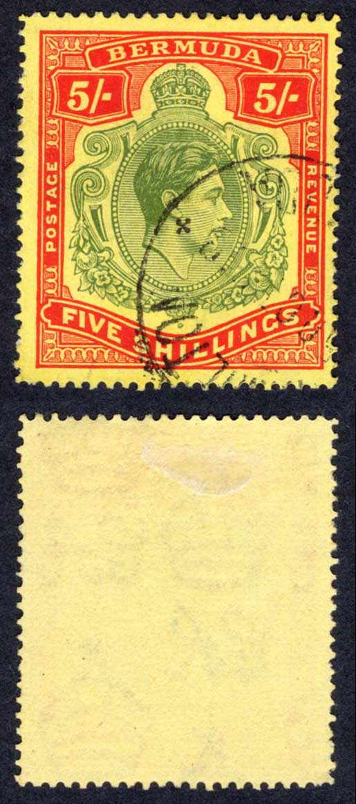 Bermuda SG118b 5/- Dull yellow-green and red/yellow LINE Perf CDS Cat 35 pounds