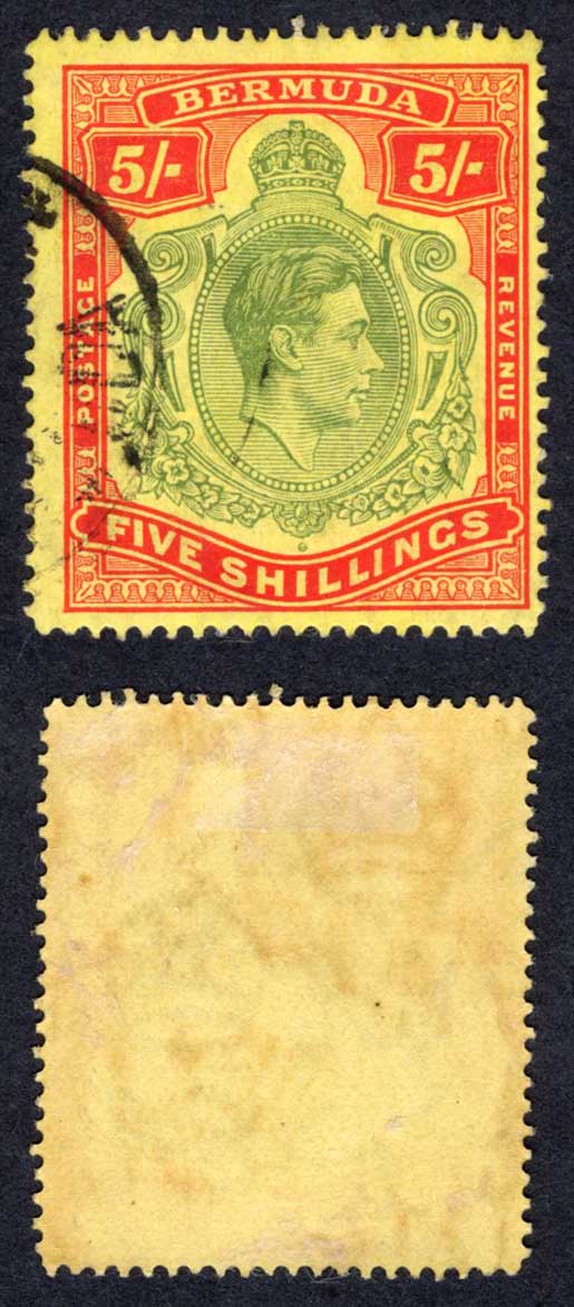 Bermuda SG118b 5/- Dull yellow-green and red/yellow LINE Perf CDS Cat 35 pounds