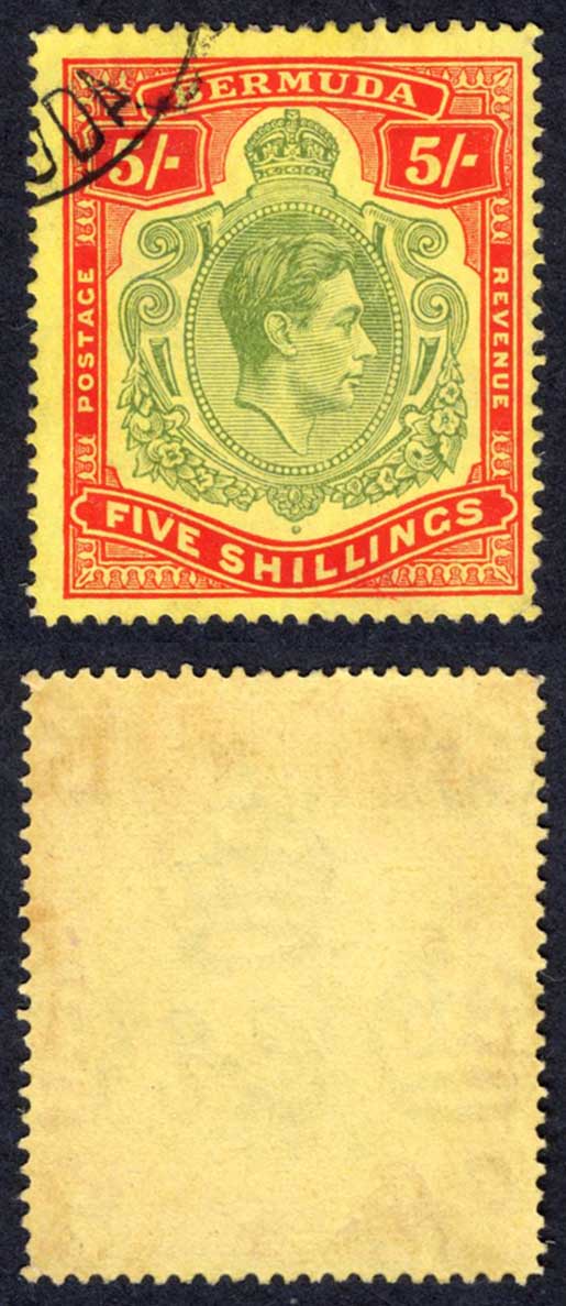 Bermuda SG118b 5/- Dull yellow-green and red/yellow LINE Perf CDS Cat 35 pounds