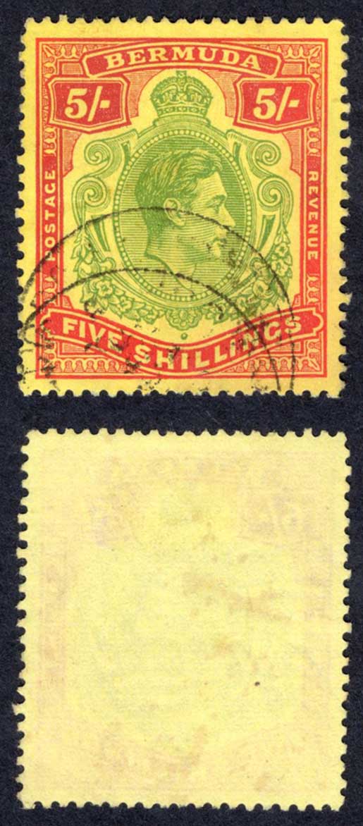 Bermuda SG118g 5/- Green and Scarlet/yellow CDS used Cat 65 pounds