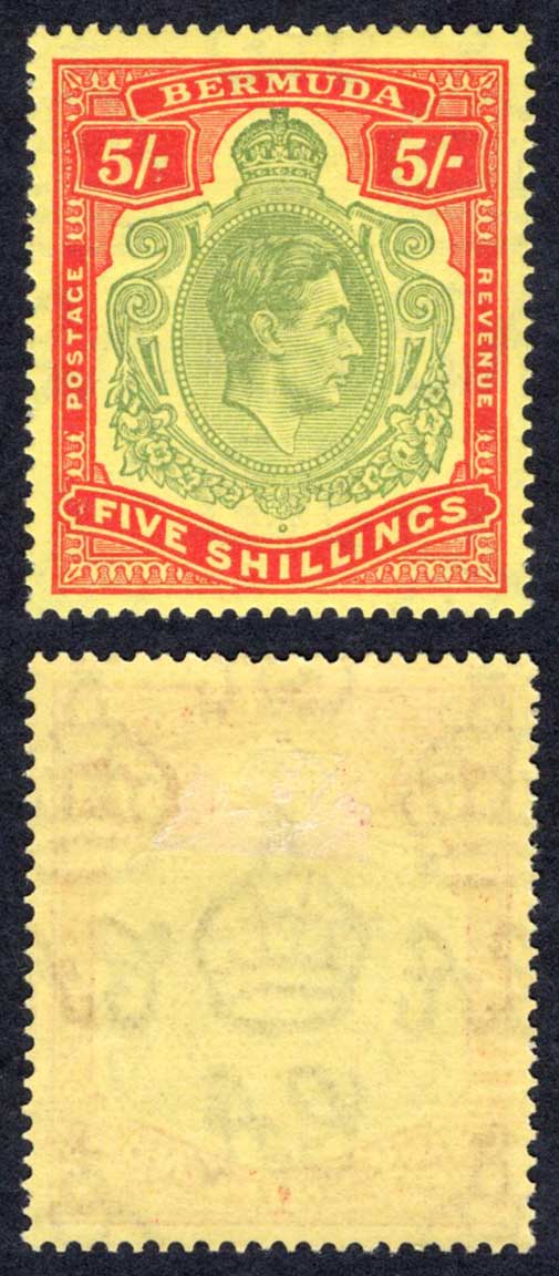 Bermuda SG118 5/- Green and Red/yellow M/M Cat 100 pounds