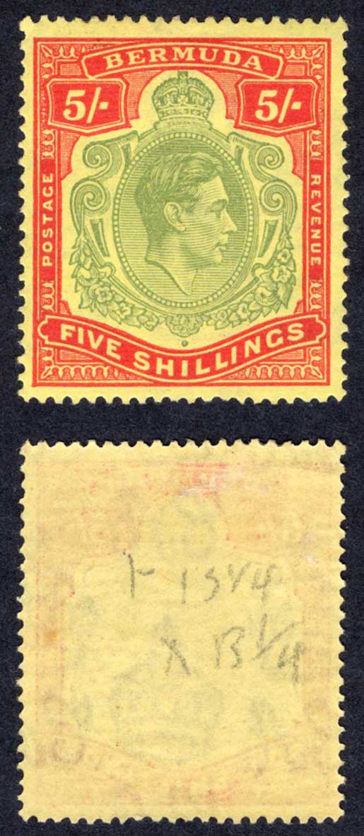 Bermuda SG118 5/- Green and Red/yellow M/M Cat 100 pounds
