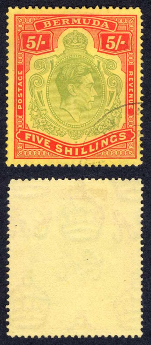 Bermuda SG118 5/- Green and Red/yellow CDS Cat 45 pounds