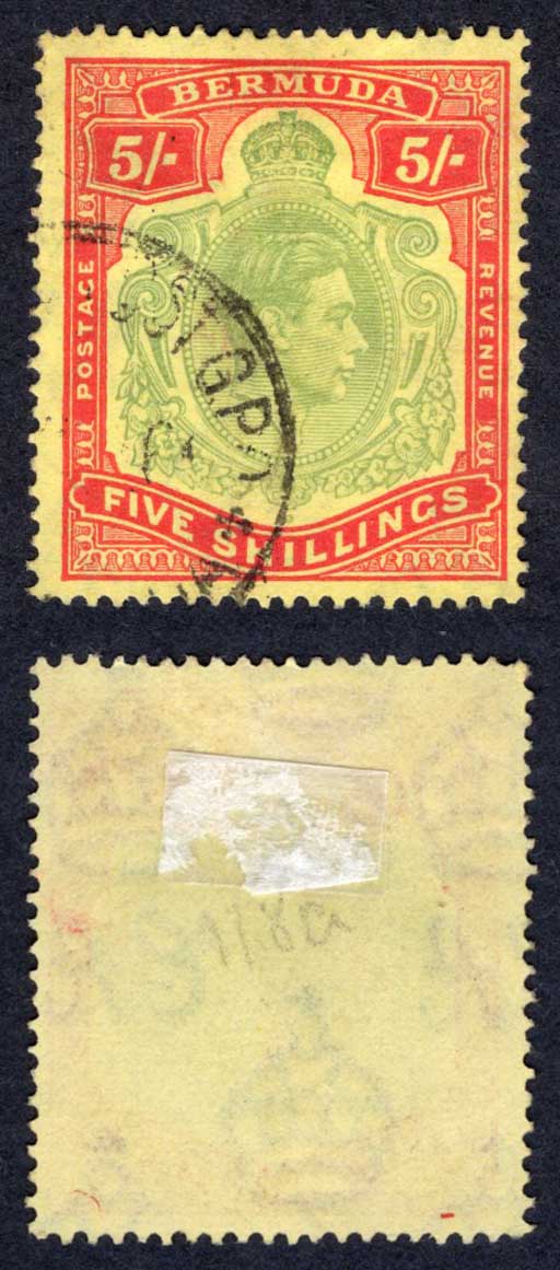 Bermuda SG118e 5/- Green and Red/pale yellow Perf 13 CDS Cat 20 pounds