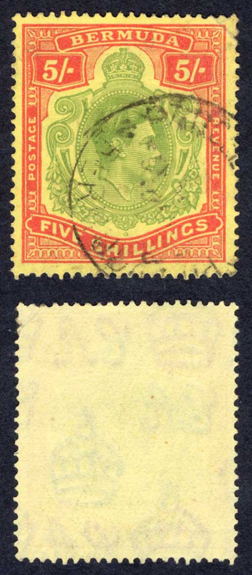 Bermuda SG118e 5/- Green and Red/pale yellow Perf 13 CDS Cat 20 pounds