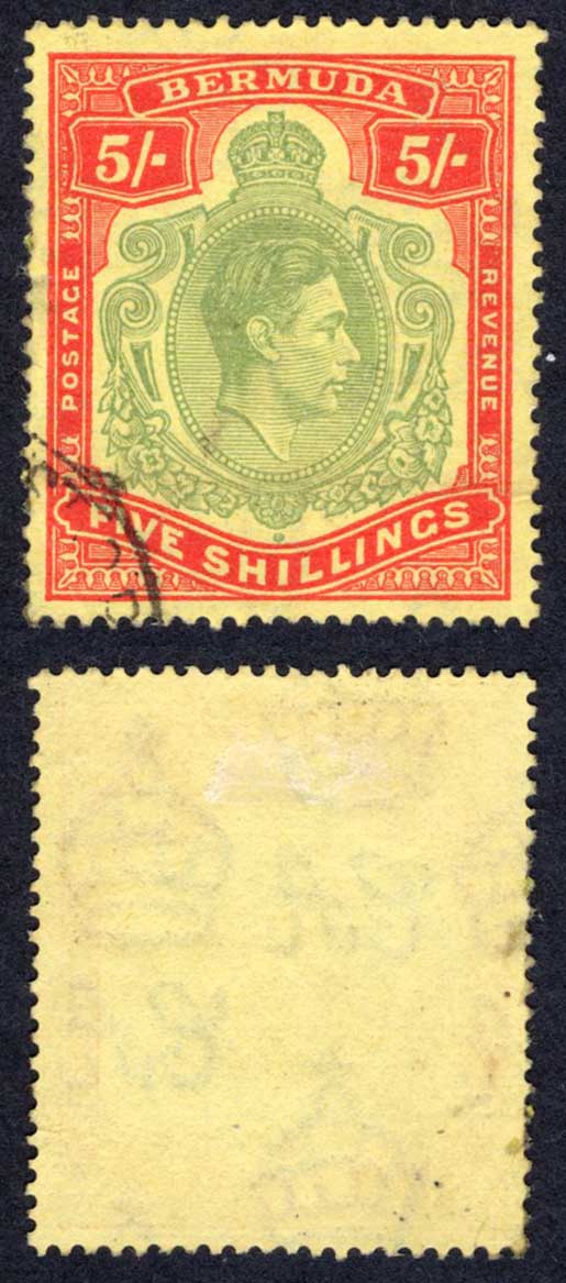 Bermuda SG118e 5/- Green and Red/pale yellow Perf 13 CDS Cat 20 pounds