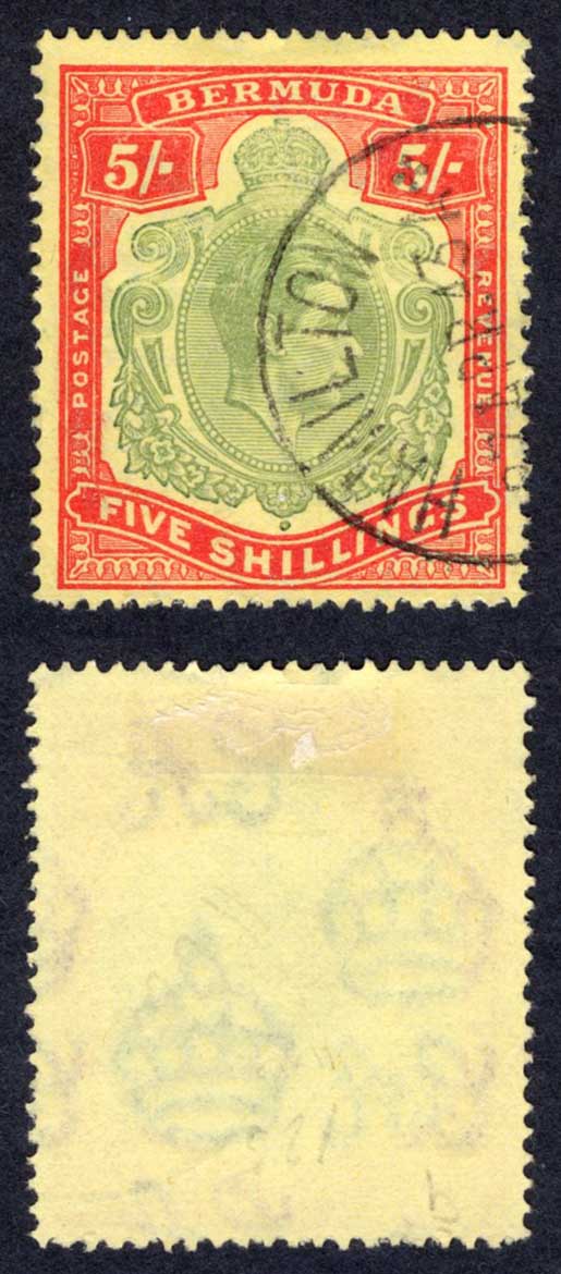 Bermuda SG118e 5/- Green and Red/pale yellow Perf 13 CDS Cat 20 pounds