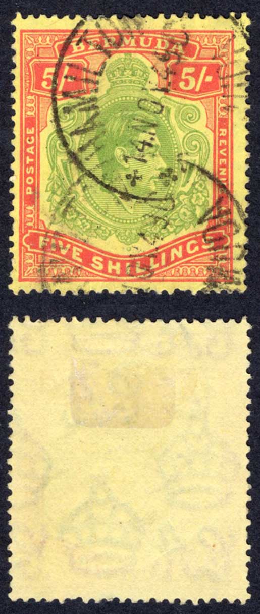 Bermuda SG118e 5/- Green and Red/pale yellow Perf 13 CDS Cat 20 pounds