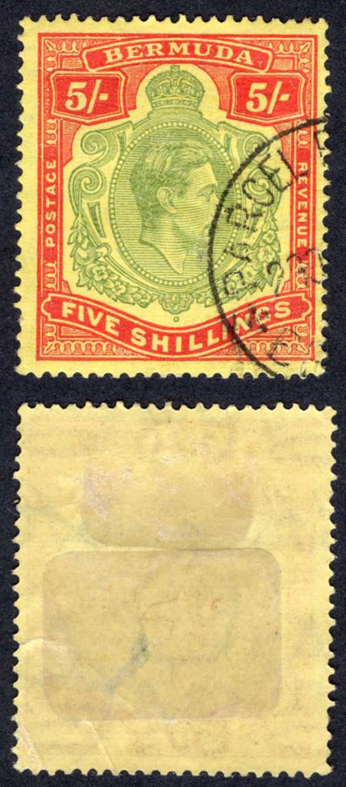 Bermuda SG118e 5/- Green and Red/pale yellow Perf 13 CDS Cat 20 pounds