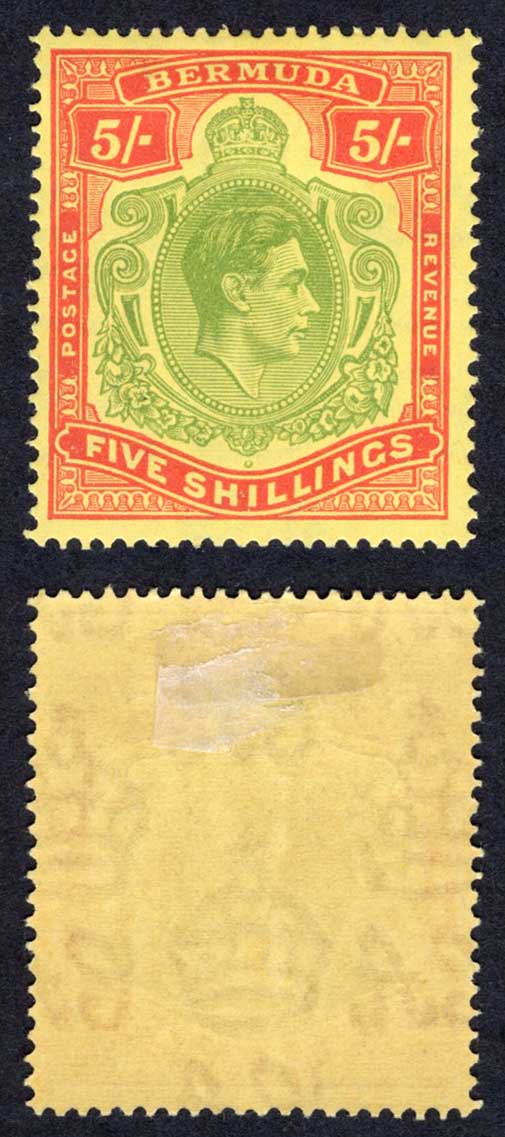 Bermuda SG118e 5/- Green and Red/pale yellow Perf 13 M/M Cat 45 pounds