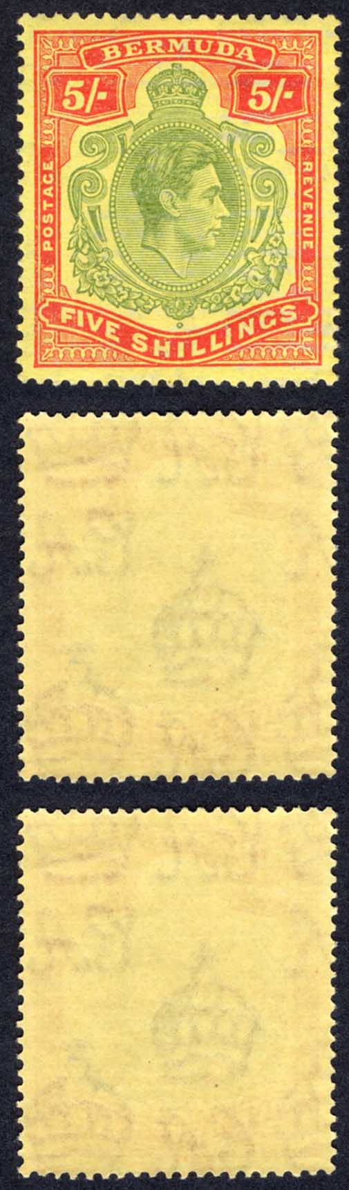 Bermuda SG118e 5/- Green and Red/pale yellow Perf 13 M/M Cat 45 pounds