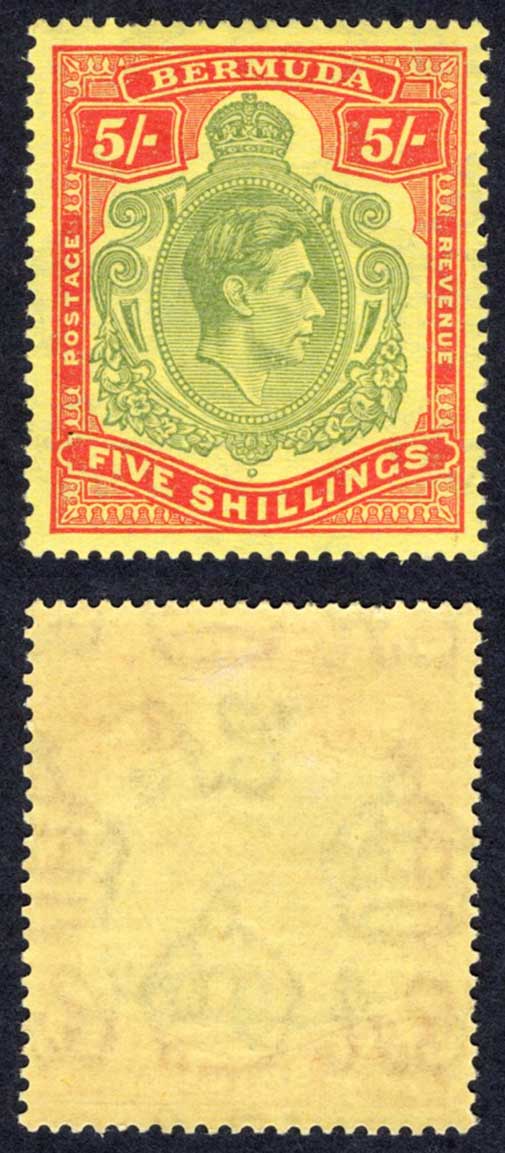 Bermuda SG118e 5/- Green and Red/pale yellow Perf 13 M/M Cat 45 pounds