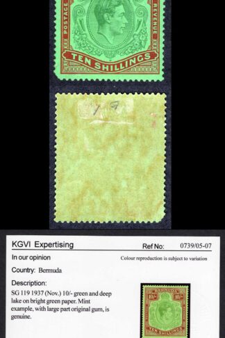 Bermuda SG119 10/- Green and Deep Lake/pale emerald M/M with CERT Cat 325 pounds