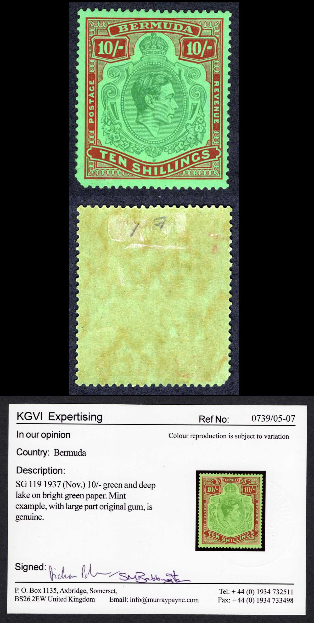 Bermuda SG119 10/- Green and Deep Lake/pale emerald M/M with CERT Cat 325 pounds