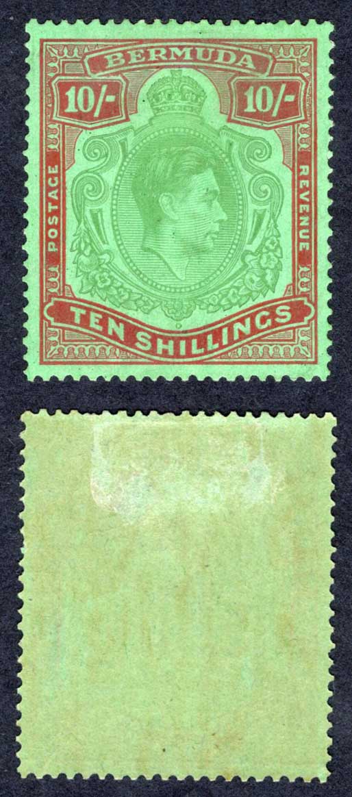 Bermuda SG119a 10/- Bluish Green and Deep red/green M/M Cat 180 pounds