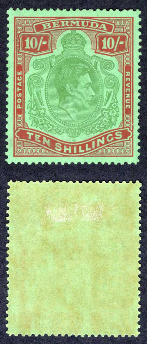 Bermuda SG119a 10/- Bluish Green and Deep red/green M/M Cat 180 pounds