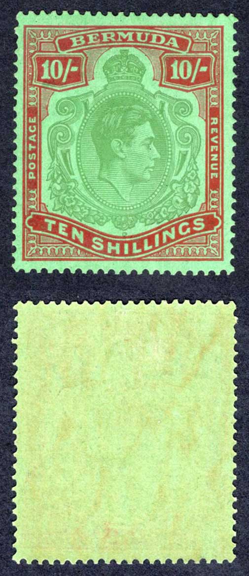 Bermuda SG119a 10/- Bluish Green and Deep red/green M/M Cat 180 pounds