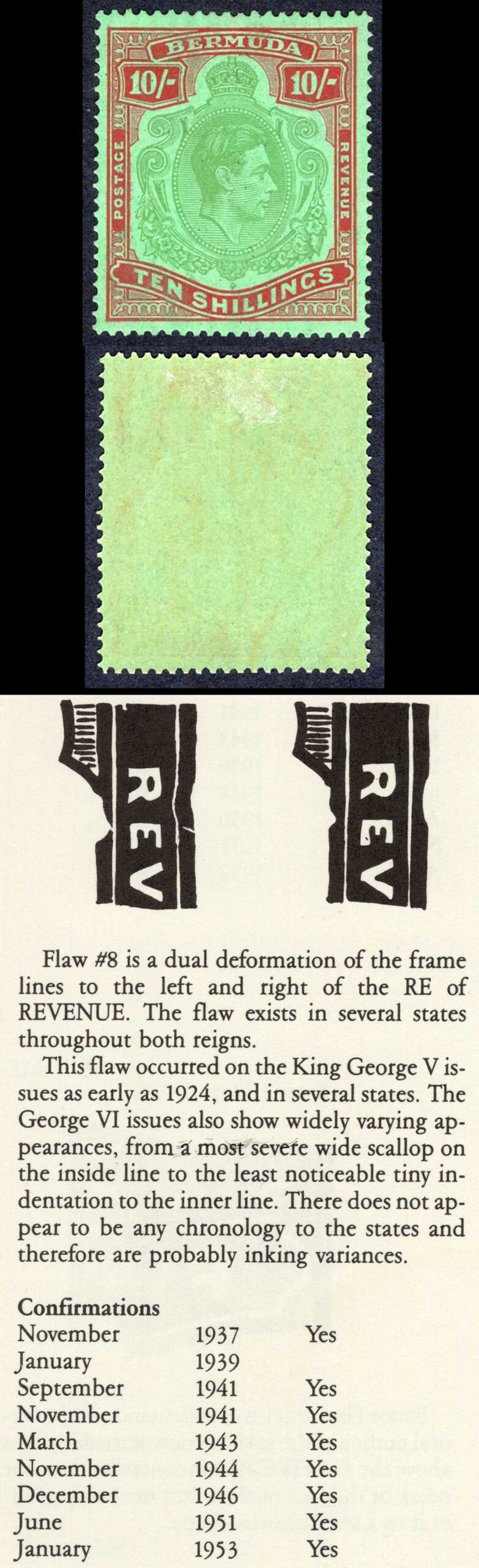 Bermuda SG119c 10/- Yellowish Green and Deep carmine red/green M/M Cat 70 pounds