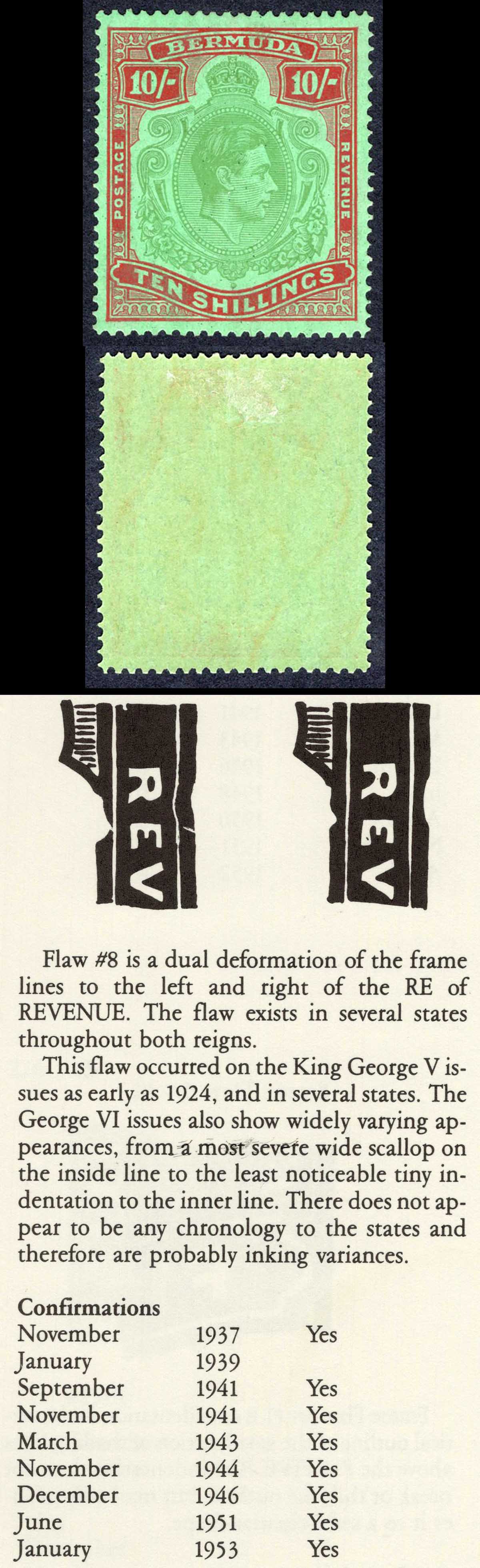Bermuda SG119c 10/- Yellowish Green and Deep carmine red/green M/M Cat 70 pounds
