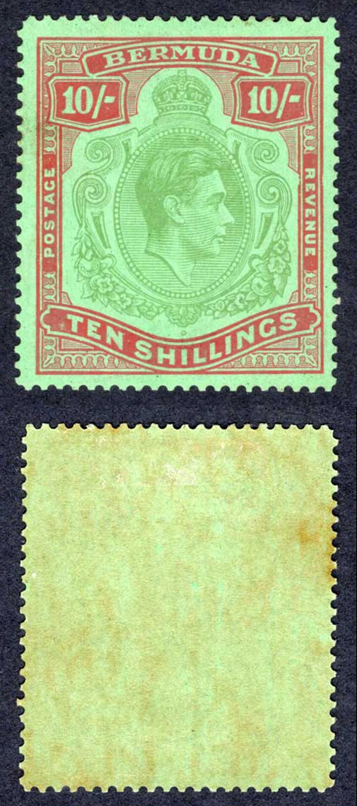 Bermuda SG119b 10/- LINE Perf 14.25 M/M Frame Flaw 8 Cat 450 pounds