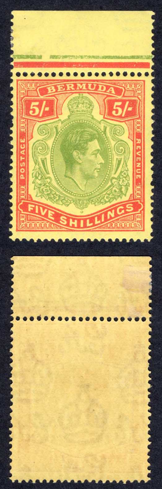 Bermuda SG118e 5/- Green and Red/pale yellow Perf 13 M/M Cat 45 pounds